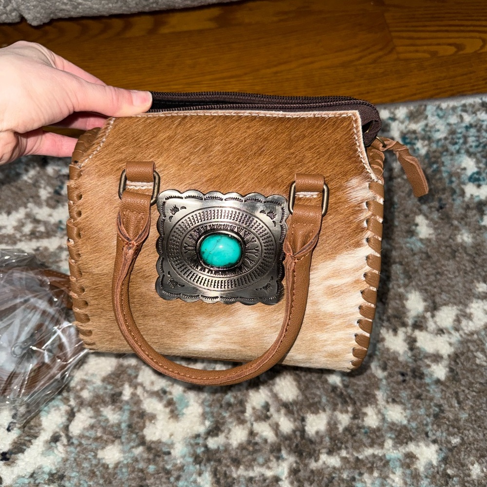 Brown Leather Handbag with Turquoise Accent